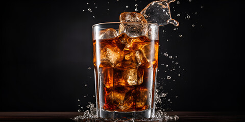 Glass of splashing whiskey or other alcohol with ice cube isolated on black background.AI Generative