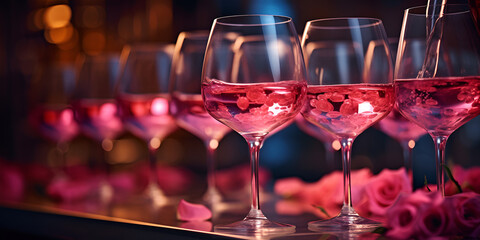 Wine degustation in the restaurant pink rose on table Close-up of rose wine elegantly pouring into a glass amidst a garden setting Illustration Romantic still life with roses.AI Generative