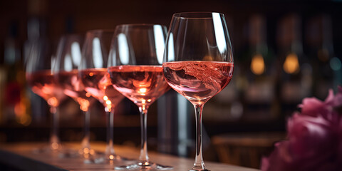 Row of glasses of rose wine at wine tasting on restaurant background Illustration close-up on bar counter against blurred background.AI Generative  - obrazy, fototapety, plakaty