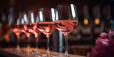 Fotobehang Row of glasses of rose wine at wine tasting on restaurant background Illustration close-up on bar counter against blurred background.AI Generative  © abuhurarah