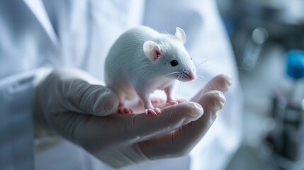Laboratory mice in the hand of a scientist in a white coat close-up , concept of Animal testing - obrazy, fototapety, plakaty