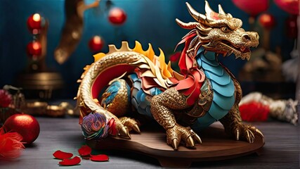 Colorful dragon on a wooden background. Chinese New Year concept.