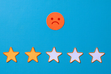 Two star rating with sad emoticon on blue background. Negative feedback concept.