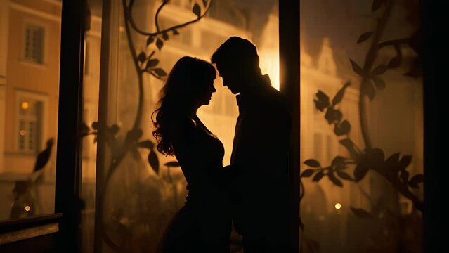 The silhouette of a couple can be seen through a frosted window, their shadows dancing in the warm glow of a streetlamp, adding to the romantic flair of the cityscape on Valentines Day.
