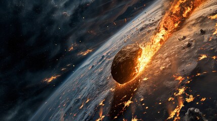 a huge gigantic asteroid in space flyng towards the planet earth. collides with surface and huge explosion destroying life on earth. wallpaper background. Generative AI - obrazy, fototapety, plakaty