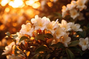 Beautiful white rhododendron flowers in the garden at sunset, Jasmine bush in warm sunset light, AI Generated - obrazy, fototapety, plakaty