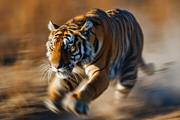 A dynamic photograph capturing the intense energy of a tiger in mid-pounce