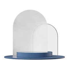 3d render image transparent background of granite blue podium in square with white arch and glass
