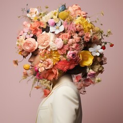 Floral Opulence. Artistic Portrait - Woman's Profile Adorned in Blooms