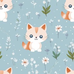Seamless pattern with cute fox and flowers