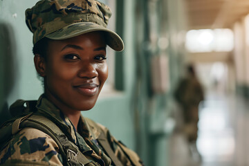 black african american female soldier wearing military uniform on hospital background - Powered by Adobe