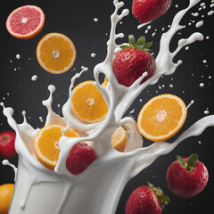 Milk splash. Yogurt with mixed fresh fruits, food photography