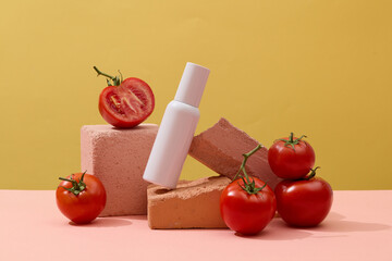 A skin care bottle with empty label arranged on several stones with red tomatoes. Yellow background. Tomatoes are low in calories and full of vital nutrients