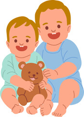 Two Babies playing a Teddy Bear Together