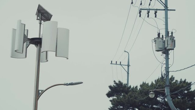 Windy streetlight, telephone pole, wind meter, pinwheel, pine tree 4K 30P