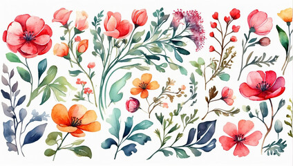 Beautiful romantic folk art watercolor flower collection with leaves, floral bouquets, flower compositions, valentines day