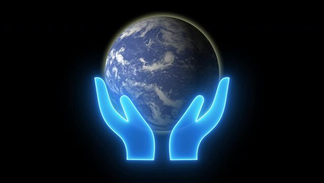 Two neon human hands holding an earth ball. Concept for ESG, save earth and environment. Able use graphic isolated on transparent background.