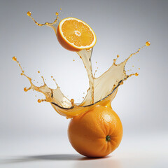 fresh orange with liquid splash orange juice in the air isolated on bright white grey background,orange Juice photo retouching - obrazy, fototapety, plakaty