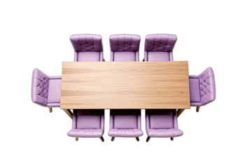 Top View Light Purple Wooden And Leather Dining Table Set On Transparent Background