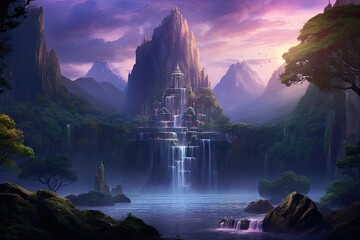 Fantasy landscape with a waterfall in the mountains. 3d rendering, AI Generated - obrazy, fototapety, plakaty