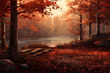 Autumn forest with a lake and fallen leaves. 3d render, AI Generated