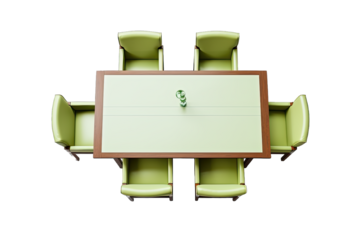 Top View Light Green Wooden And Leather Dining Table Set On Transparent Background