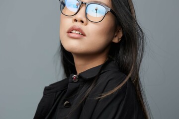 Asian woman cute fashion beautiful portrait studio attractive background glasses business student smile face