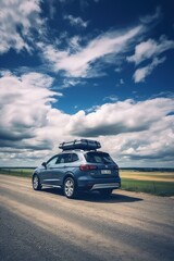 Travelling by blue car. Back view of a car with luggage on the roof. Car on the road with a lot of suitcases on roof. Family travel on vacation.