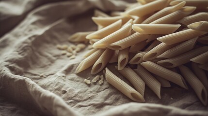 Heap of uncooked whole wheat penne Italian pasta, rustic style.