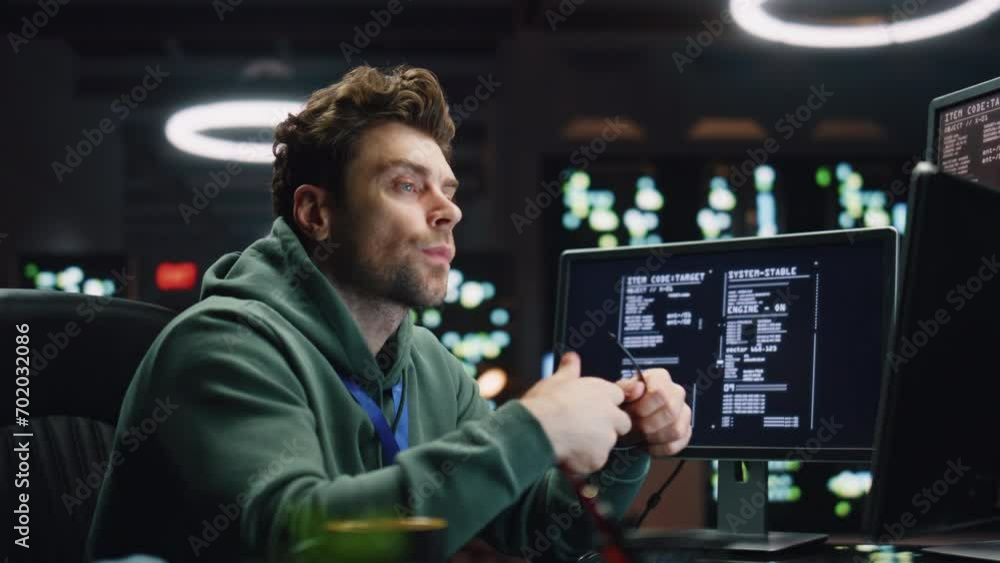 Poster overworked programer looking monitor working late in office closeup. man typing