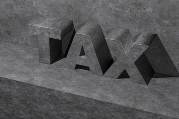 3d gray concrete stone word acronym tax, embossed block text on concrete surface with copy space, illustration of financial concept  - obrazy, fototapety, plakaty
