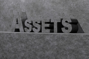 3d gray concrete stone word acronym assets, embossed block text on concrete surface with copy space, illustration of financial concept 