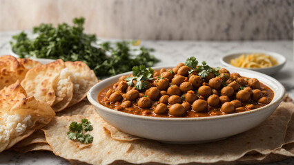 Showcase a plate of delicious Chole Bhature against a clean and crisp white background, highlighting the rich colors and textures of this iconic Indian dish.