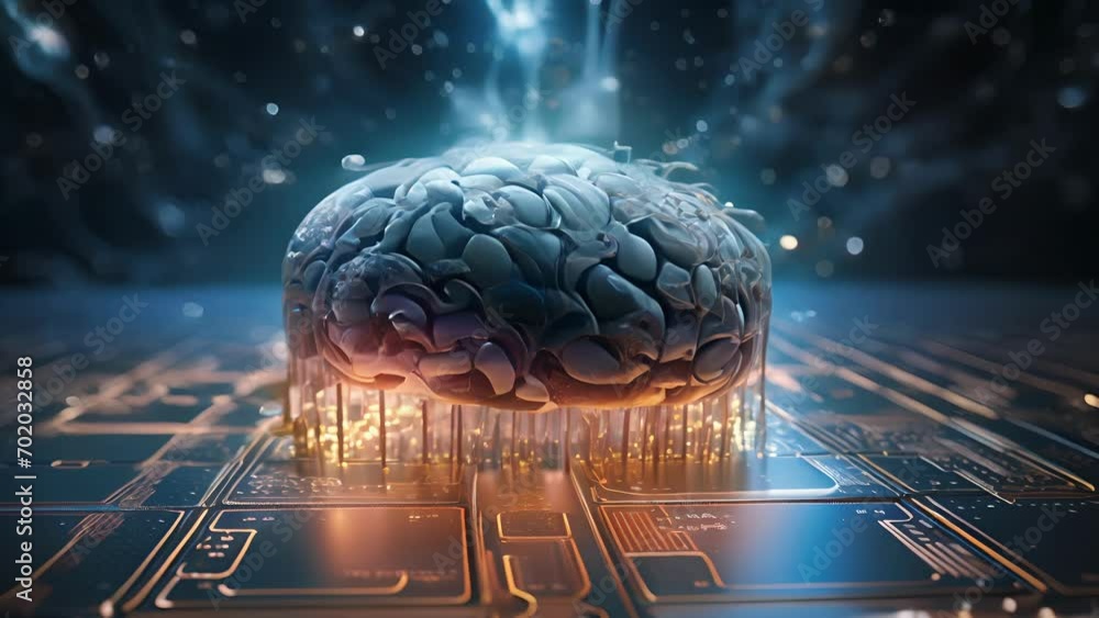 Poster a human brain made up of intricate circuitry and wires, challenging the boundaries between artificia