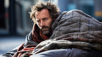 Obraz premium A homeless man covered with a blanket lies on the city street.