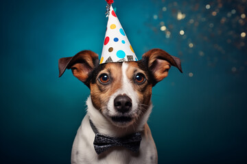 Portrait of a jack russell terrier dog wearing a bow tie and birthday hat