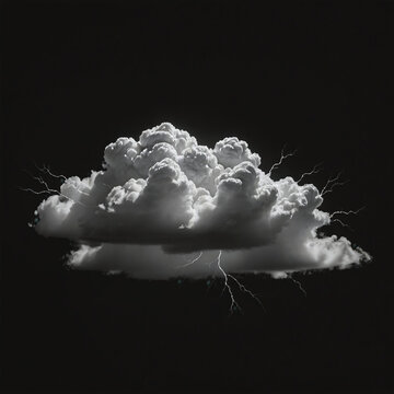 White and cloudy storm cloud with lightning and raindrops on a dark black background.
