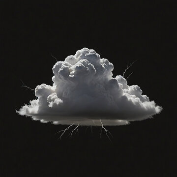 White and cloudy storm cloud with lightning and raindrops on a dark black background.