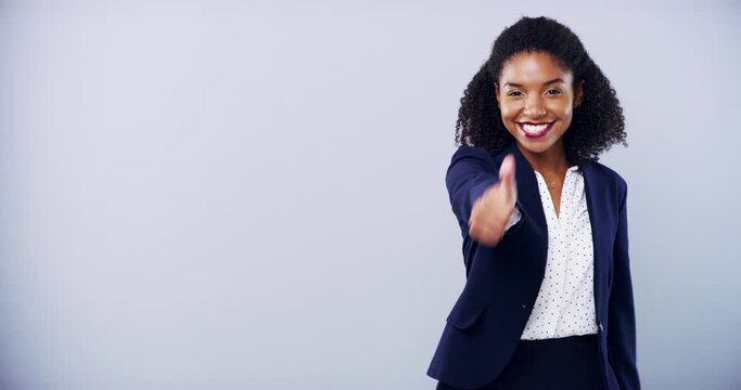 Happy black woman, arms crossed and thumbs up for business vote, corporate trust or service review. Mockup studio space, thank you and portrait consultant with emoji like sign on white background