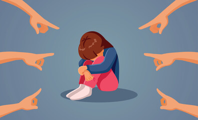 Sad Unhappy Child Victim Being Pointed at vector Illustration. Sorrowful little kid feeling abandonment and anxiety psychological trauma 
