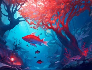 海の底の世界と赤い魚とシルエット