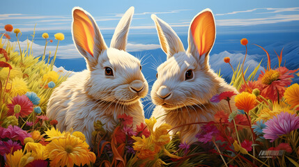 Two rabits eating grass. Generative AI.