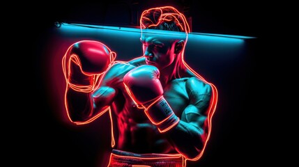 Male boxer punches in a neon lens sign. - obrazy, fototapety, plakaty