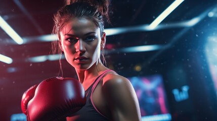 Professional female boxer punching punching bag, neon sign