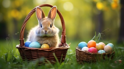 A cute Easter bunny in a meadow among blooming flowers and with colored eggs in a basket, a spring day during the Easter holidays.