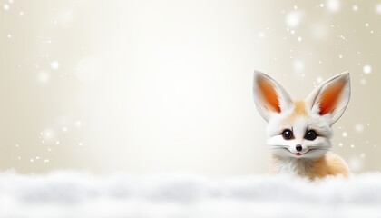 Christmas card with a cute fennec fox in the snow and snowing snowflakes. Funny winter background or wallpaper with copy space for text. Generative AI.