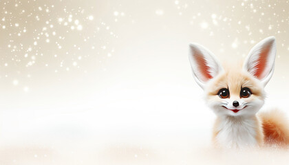 Obraz premium Christmas card with a cute fennec fox in the snow and snowing snowflakes. Funny winter background or wallpaper with copy space for text. Generative AI.