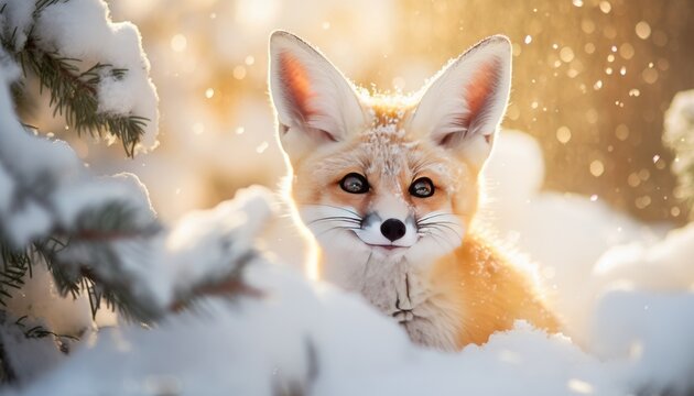 Happy red fox in a snowy forest with golden light. Christmas card with a cute fox under the snow.  Funny winter background or wallpaper. Generative AI.