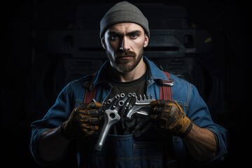 Fototapeta na wymiar Handsome bearded mechanic working in auto repair shop. Portrait of a bearded man in overalls, Car mechanic holding wrench for car repair, AI Generated