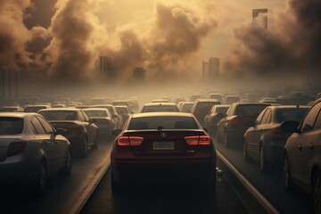car on the road with smoke and smog in shanghai china, car stuck in traffic with visible exhaust...